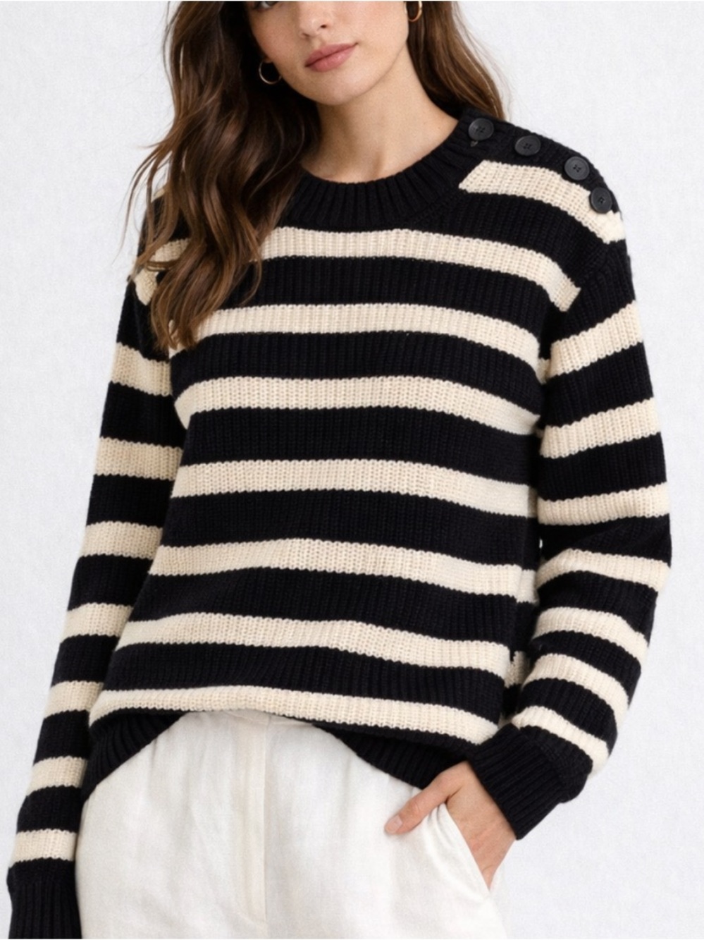 H&M Striped Button Shoulder Knit Sweater in Black and Cream